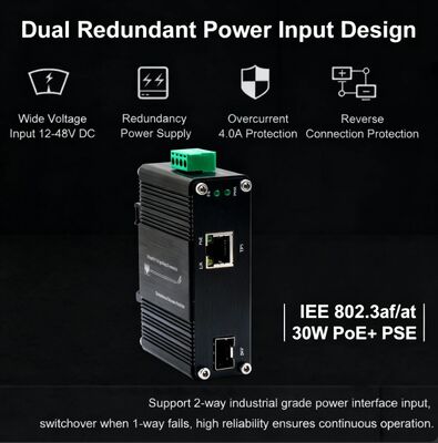 Industrial 2.5G PoE+ Media Converter with Voltage Booster 1xRJ45 1xSFP+ 30W Output Wide Input Voltage 12-48VDC Plug and Play Setup